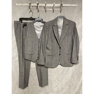 Bespoke Suit Men 38R Gray Herringbone Winter Flannel Tweed 3 Piece W37X33 Luxury